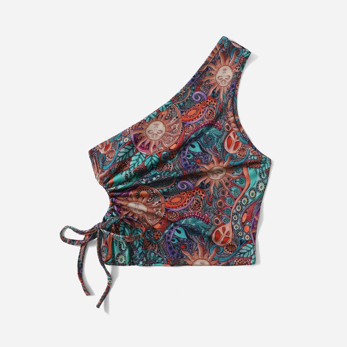 

Graphic Print One Shoulder Drawstring Top, Multicolor