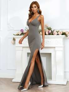 Missord Split Thigh Cami Bridesmaid Dress - Grey - View 8