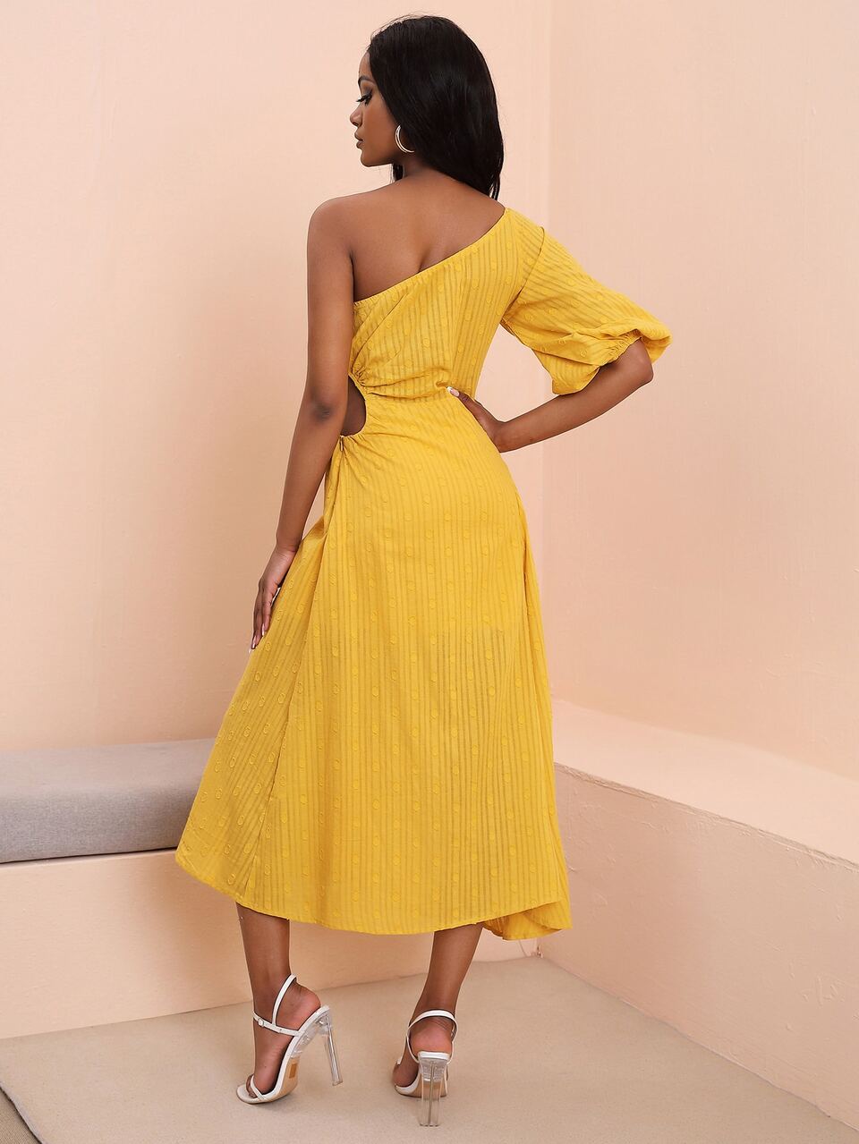 One Shoulder Puff Sleeve Cutout Waist Dress