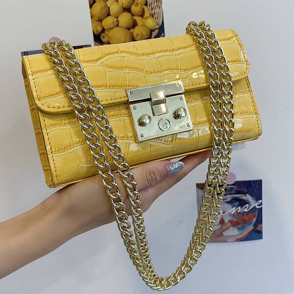 

Croc Embossed Flap Square Bag, Yellow
