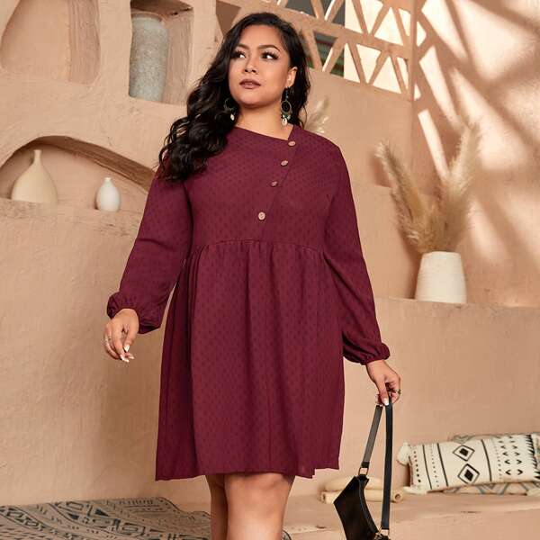

Plus Argyle Jacquard Half Button Lantern Sleeve Dress, Burgundy