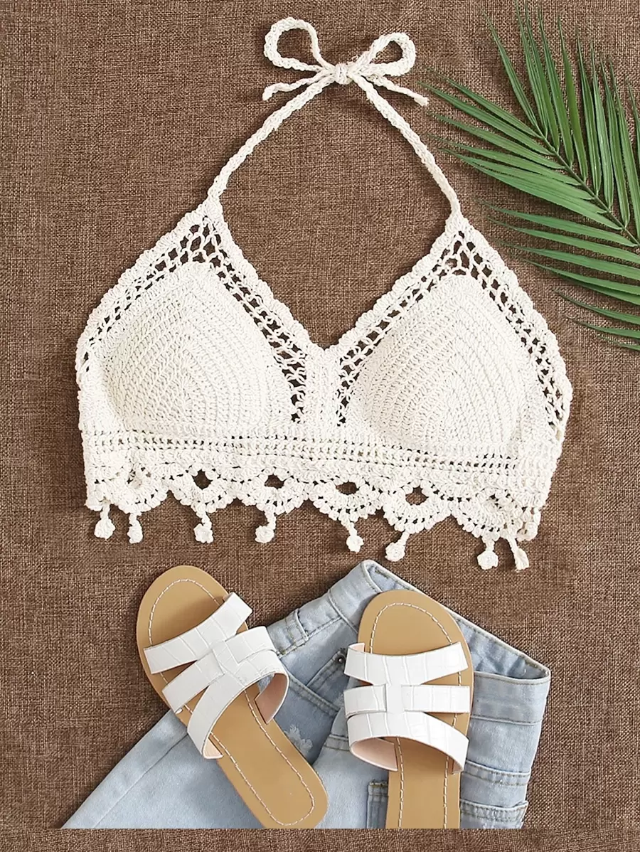 Breezaya Top bikini halter ribete en abanico con nudo - Blanco - Ver 1