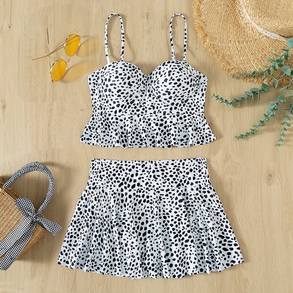 

Dalmatian Push Up Skort Bikini Swimsuit, Black and white