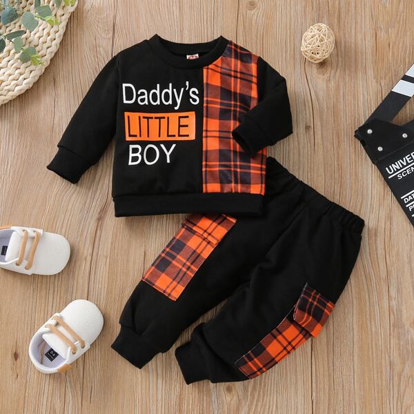 

Baby Plaid Slogan Graphic Pullover & Flap Pocket Sweatpants, Multicolor