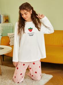 SHEIN Strawberry & Slogan Graphic Drop Shoulder Tee & Trousers PJ Set - Multicolor - View 3