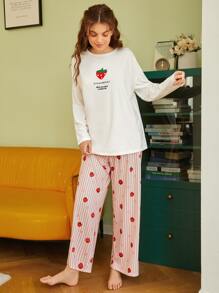 SHEIN Strawberry & Slogan Graphic Drop Shoulder Tee & Trousers PJ Set - Multicolor - View 4