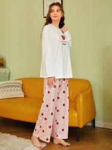 SHEIN Strawberry & Slogan Graphic Drop Shoulder Tee & Trousers PJ Set - Multicolor - View 5