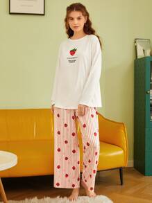 SHEIN Strawberry & Slogan Graphic Drop Shoulder Tee & Trousers PJ Set - Multicolor - View 1