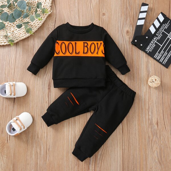 

Baby Letter Graphic Sweatshirt With Ripped Patched Joggers, Black