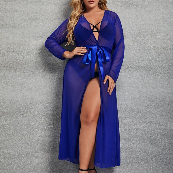 

Plus Sheer Mesh Belted Robe Without Lingerie Set, Royal blue