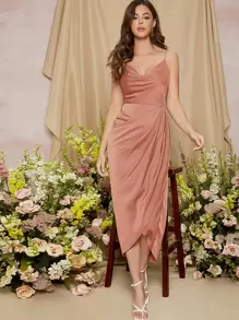 SHEIN Belle Ruched Asymmetrical Hem Solid Dress Elegant Formal Evening Prom Wedding Guest Gown, For Graduation, Dinner Party Dress