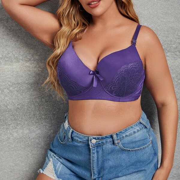 

Plus Contrast Lace Underwire Bra, Purple