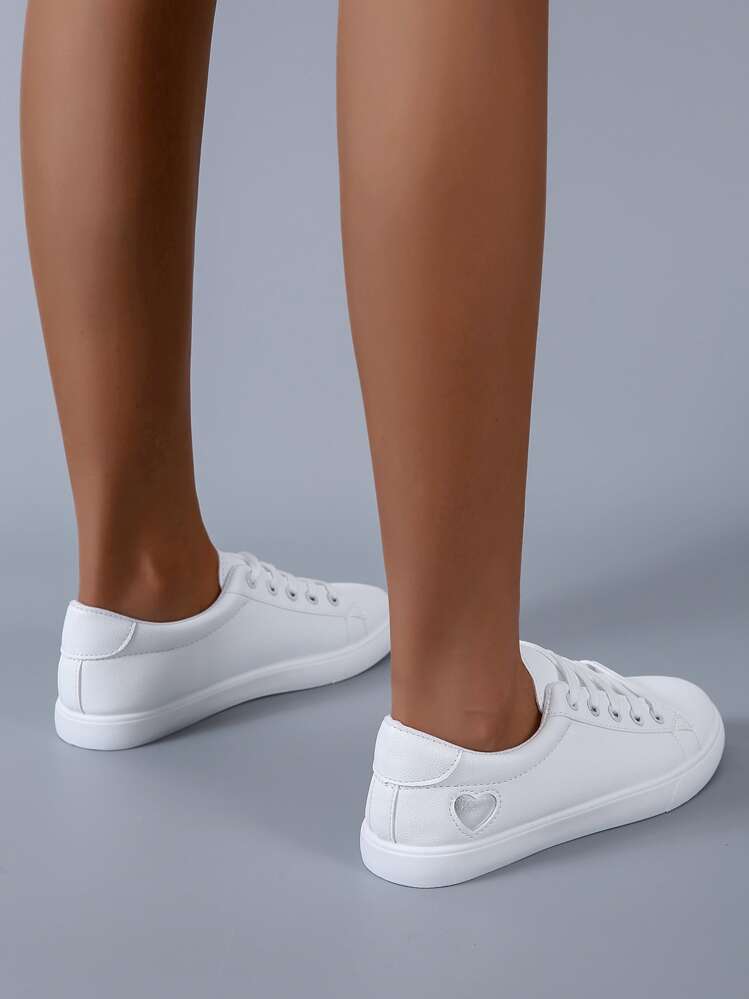 New Plus Size White Canvas Shoes, Versatile Student Sports Sneakers, Flat Fashion School Shoes, Lace-Up Casual Trainers - White - View 6