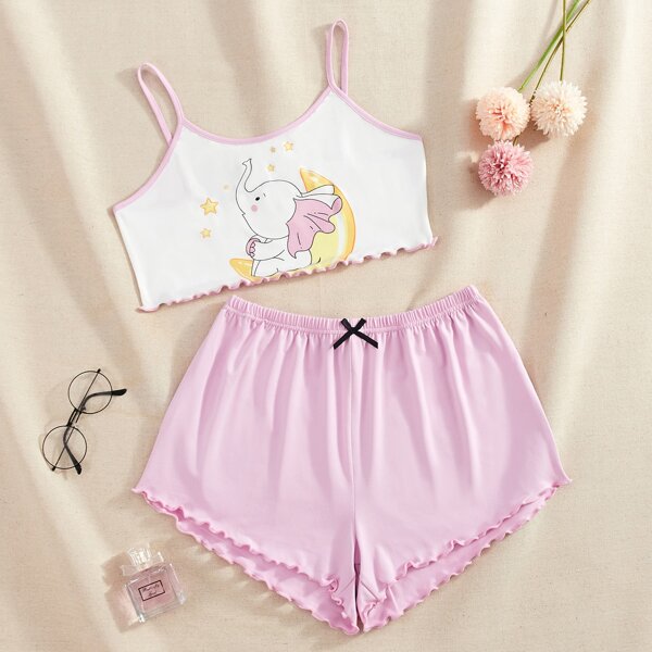 

Cartoon & Star Print Lettuce Trim Cami Top & Shorts PJ Set, Multicolor