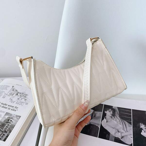 

Quilted Pattern Baguette Bag, White