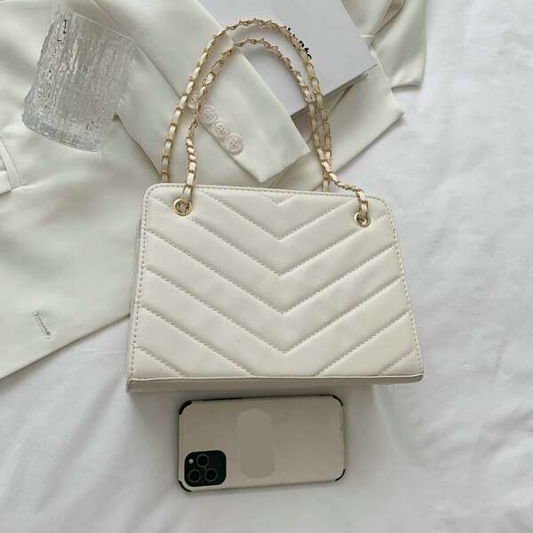 

Quilted Pattern Chain Square Bag, Beige
