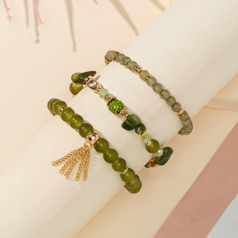 

3pcs Tassel Decor Beaded Bracelet, Green