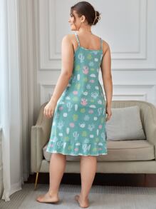 Camisón de pijama con diseño de cactus y volante en el bajo para talla grande - Verde - Ver 2