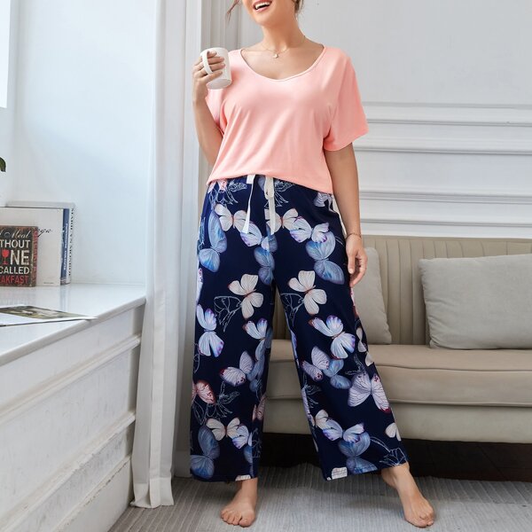 

Plus Solid Scoop Neck Tee & Butterfly Print Knot Pants PJ Set, Multicolor