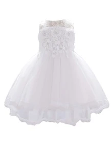Váy xòe ren tuyn trơn màu cho bé gái, váy thanh lịch và sang trọng thích hợp cho các buổi khiêu vũ ở trường và trình diễn thời trang, không bao gồm băng đô - trắng - Xem 1