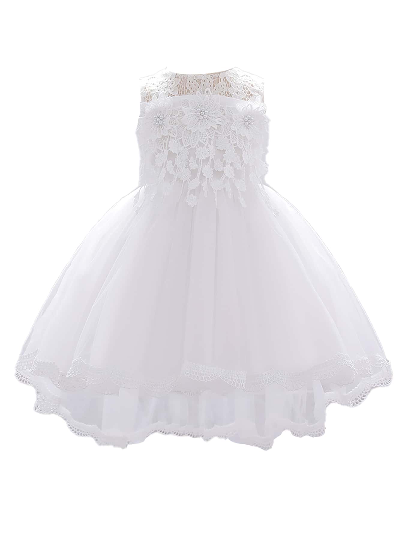 Váy xòe ren tuyn trơn màu cho bé gái, váy thanh lịch và sang trọng thích hợp cho các buổi khiêu vũ ở trường và trình diễn thời trang, không bao gồm băng đô - trắng - Xem 1
