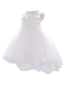 Váy xòe ren tuyn trơn màu cho bé gái, váy thanh lịch và sang trọng thích hợp cho các buổi khiêu vũ ở trường và trình diễn thời trang, không bao gồm băng đô - trắng - Xem 3