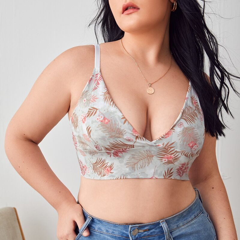 

Plus Floral & Leaf Print Longline Bralette, Multicolor
