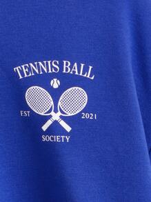 SHEIN Teen Girls Graphic & Letter Print Half Zip Drop Shoulder Sweatshirt - Royal Blue - View 3