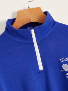 SHEIN Teen Girls Graphic & Letter Print Half Zip Drop Shoulder Sweatshirt - Royal Blue - View 4
