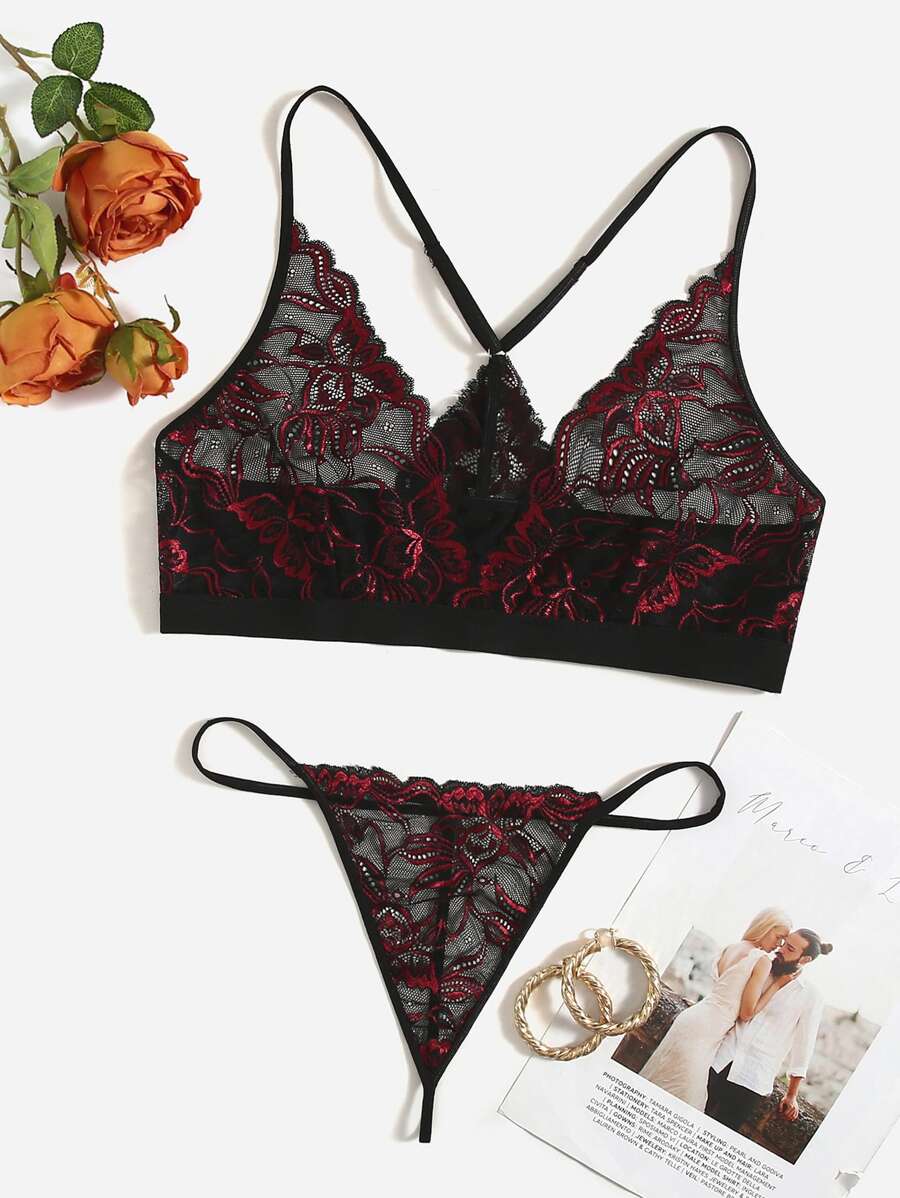 Set de lencería con encaje floral - Burdeos - Ver 1