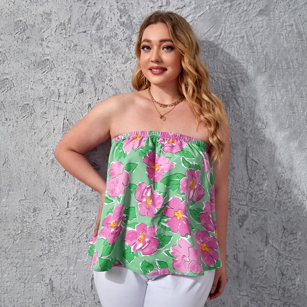 

Plus Floral Print Tube Top, Multicolor