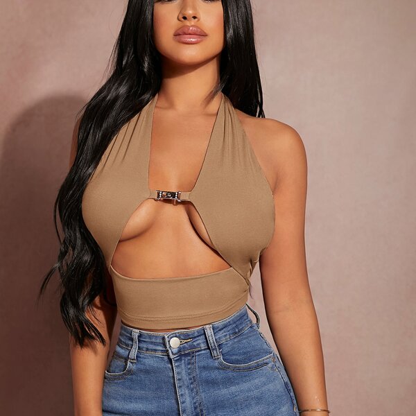 

Cut Out Backless Crop Halter Top, Camel