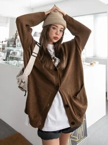 DAZY Cárdigan con diseño con bolsillo con botón - Marrón Chocolate - Ver 6