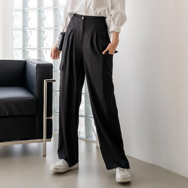 

Solid Flap Pocket Pants, Black