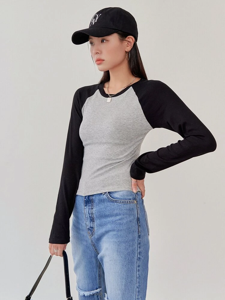 Colorblock Raglan Sleeve Tee,Fall Women Clothes