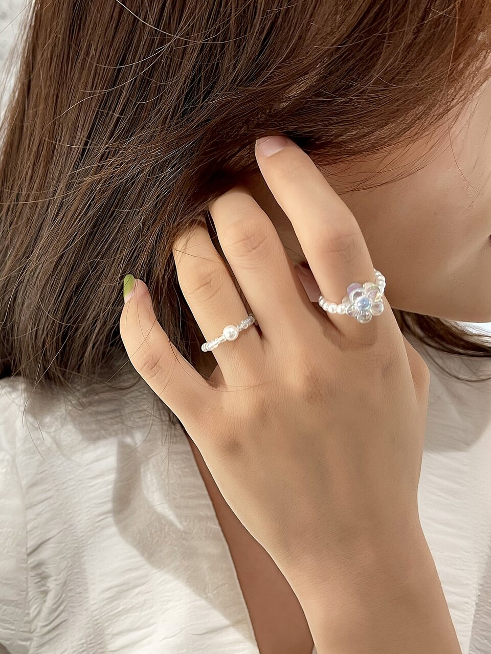 2pcs Flower Decor Beaded Ring