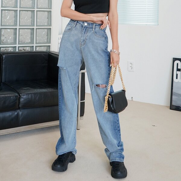

Zipper Fly Ripped Boyfriend Jeans, Medium wash