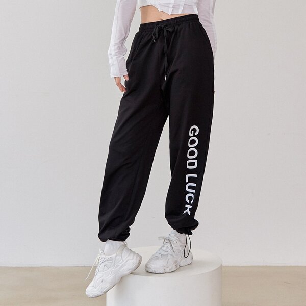 

Slogan Graphic Drawstring Waist Sweatpants, Black