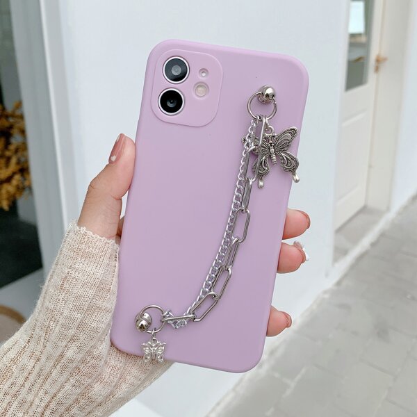 

Plain Phone Case With Butterfly Chain Hand Strap, Purple