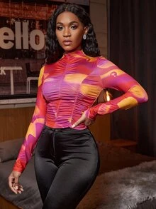 SHEIN SXY Tie Dye Ruched Tee - Multicolor - View 5