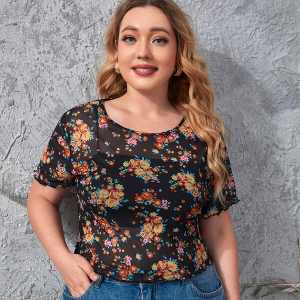 

Plus Floral Print Sheer Mesh Top, Multicolor