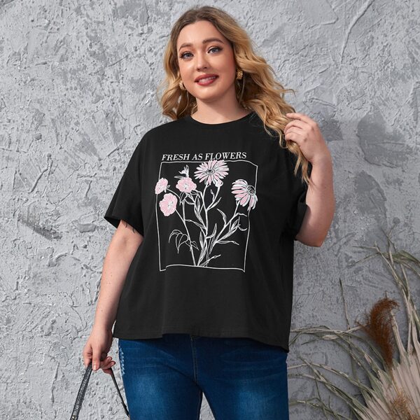 

Plus Floral & Letter Graphic Tee, Black