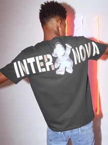 Camiseta con estampado de letra y oso reflectante - Gris - Ver 1