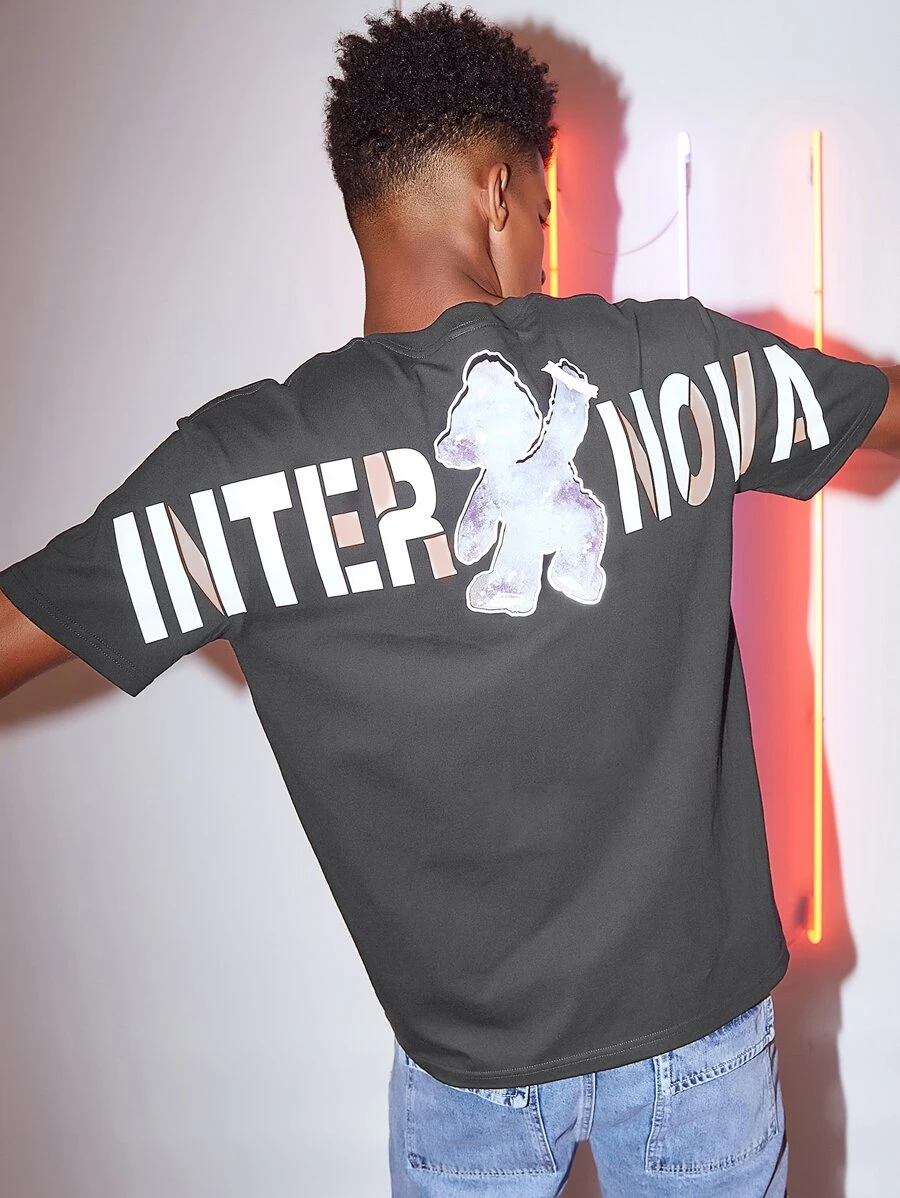 Camiseta con estampado de letra y oso reflectante - Gris - Ver 1