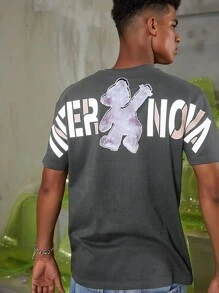 Camiseta con estampado de letra y oso reflectante - Gris - Ver 5