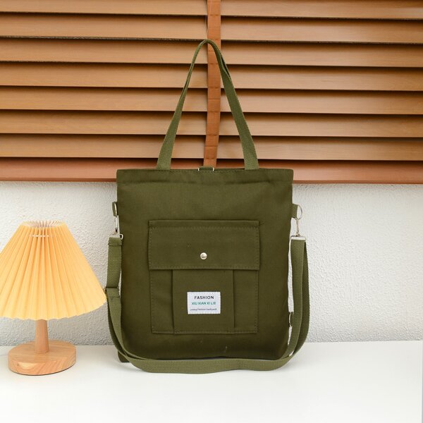 

Snap Button Patch Decor Shopper Bag, Army green