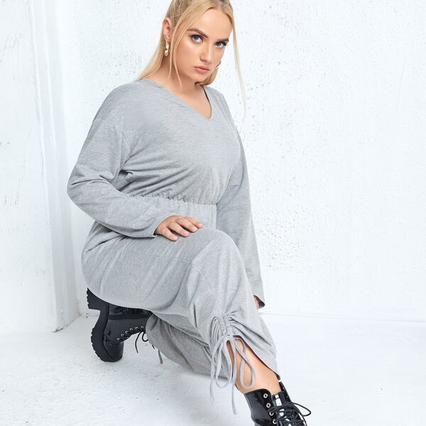 

Plus Solid Drawstring Side Tee Jumpsuit, Grey
