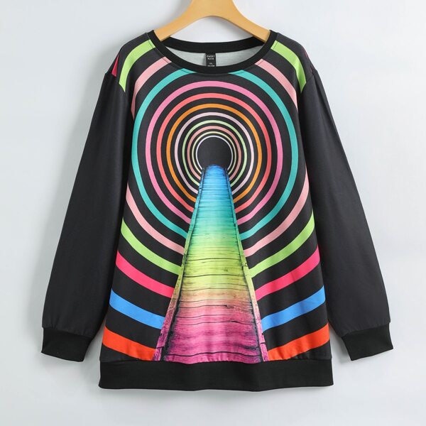 

Plus 3D Print Drop Shoulder Sweatshirt, Black
