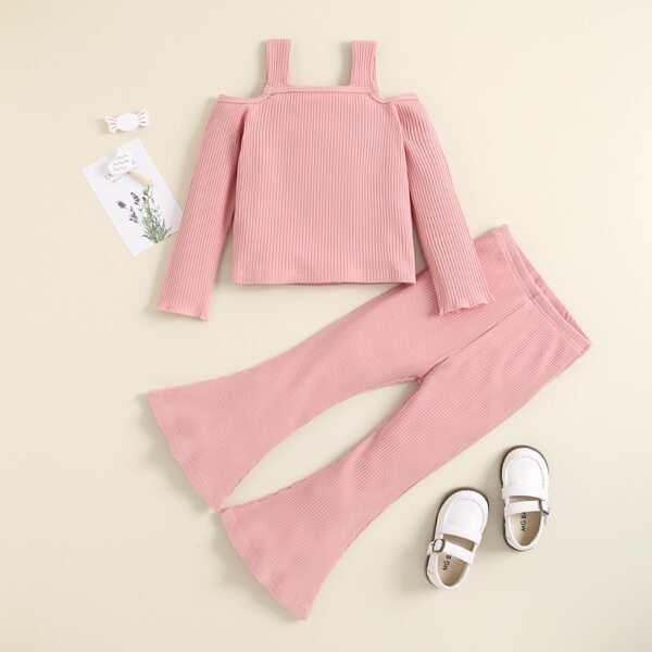 

Toddler Girls Cold Shoulder Ribbed Knit Top & Flare Leg Pants, Baby pink