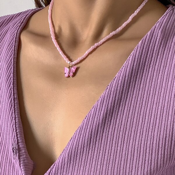 

Butterfly Charm Beaded Necklace, Pink